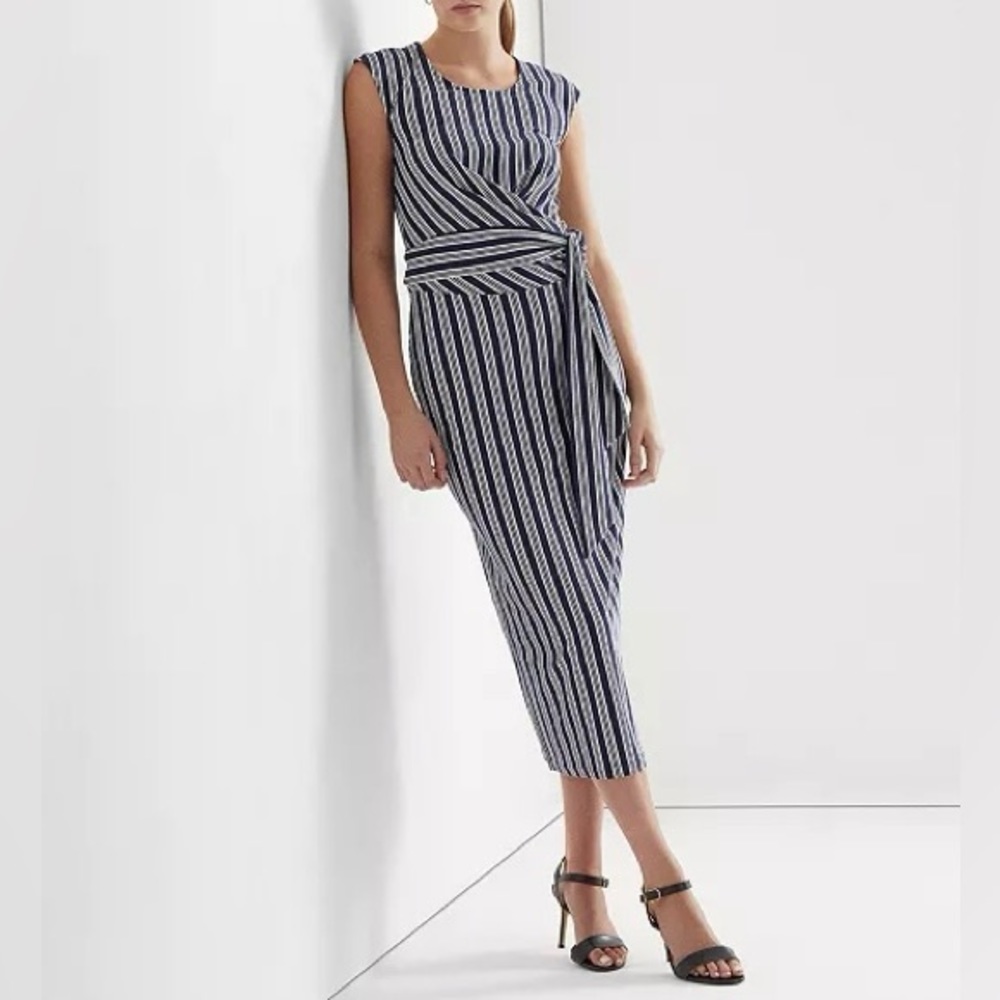 Lauren Ralph Lauren Navy Blue/White Stripes Cotton-Blend Belted Midi Dress Sz 12